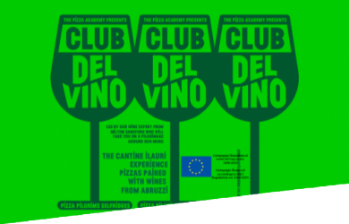 Green banner promoting Club Del Vino presented by Pizza Pilgrims